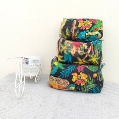 Set of 3 Black Floral Quilted Makeup Bags - Hand Block Printed Toiletry & Travel Pouch Set for Women - 8