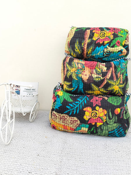 Set of 3 Black Floral Quilted Makeup Bags - Hand Block Printed Toiletry & Travel Pouch Set for Women - 8