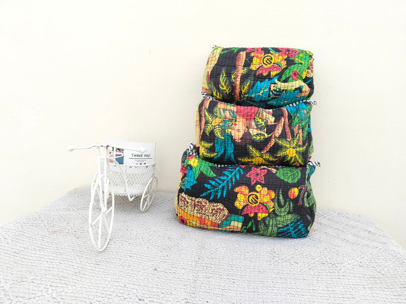 Set of 3 Black Floral Quilted Makeup Bags - Hand Block Printed Toiletry & Travel Pouch Set for Women - 8