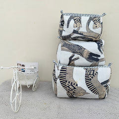 Set of 3 Black Floral Quilted Makeup Bags - Hand Block Printed Toiletry & Travel Pouch Set for Women - 7