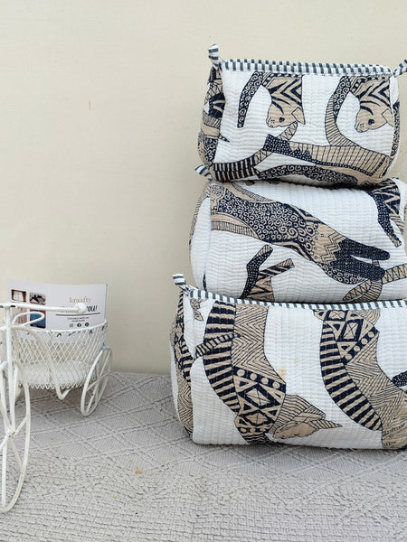 Set of 3 Black Floral Quilted Makeup Bags - Hand Block Printed Toiletry & Travel Pouch Set for Women - 7