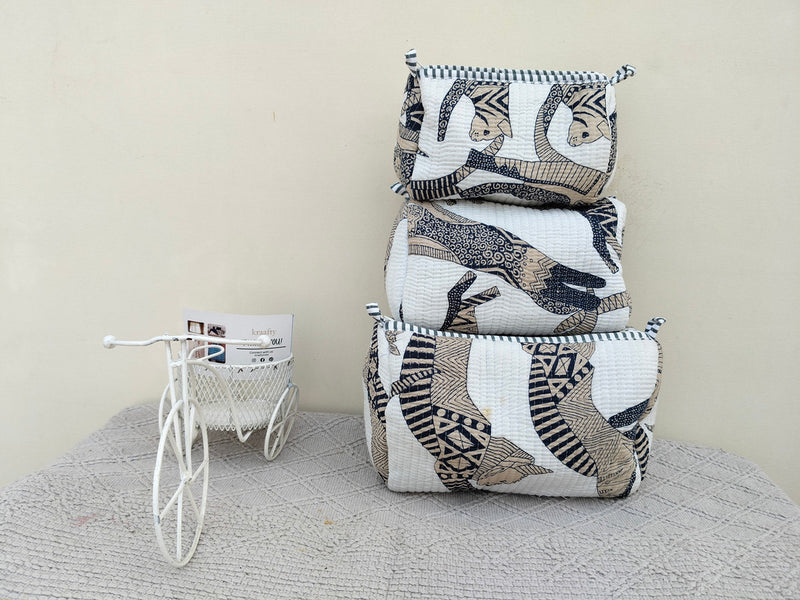 Set of 3 Black Floral Quilted Makeup Bags - Hand Block Printed Toiletry & Travel Pouch Set for Women - 7