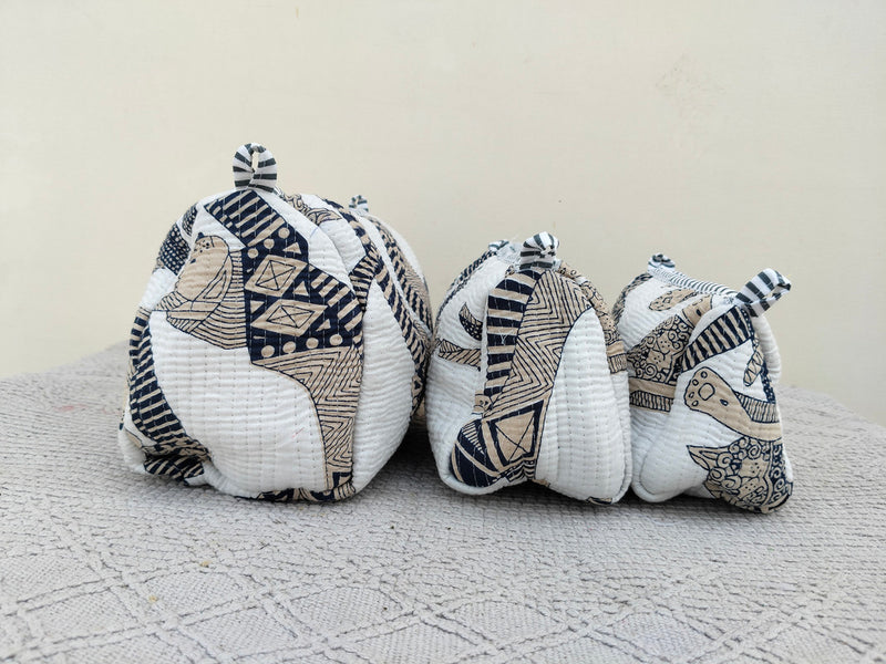 Set of 3 Black Floral Quilted Makeup Bags - Hand Block Printed Toiletry & Travel Pouch Set for Women - 7