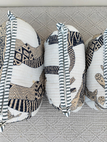 Set of 3 Black Floral Quilted Makeup Bags - Hand Block Printed Toiletry & Travel Pouch Set for Women - 7