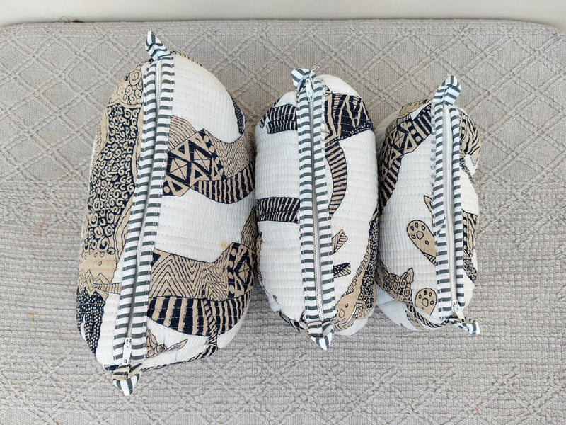 Set of 3 Black Floral Quilted Makeup Bags - Hand Block Printed Toiletry & Travel Pouch Set for Women - 7