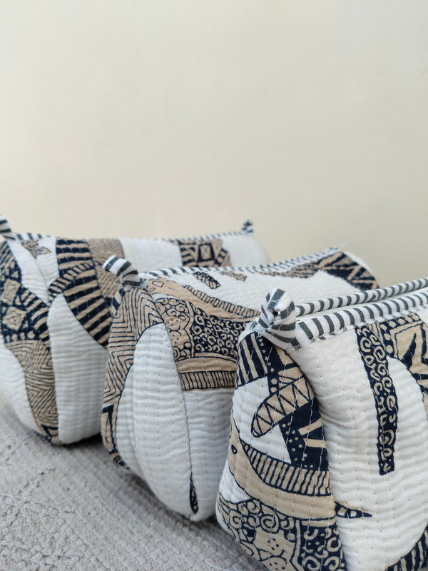 Set of 3 Black Floral Quilted Makeup Bags - Hand Block Printed Toiletry & Travel Pouch Set for Women - 7