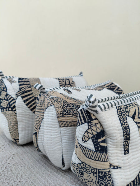 Set of 3 Black Floral Quilted Makeup Bags - Hand Block Printed Toiletry & Travel Pouch Set for Women - 7