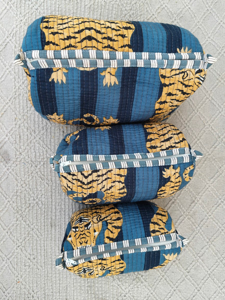 Set of 3 Black Floral Quilted Makeup Bags - Hand Block Printed Toiletry & Travel Pouch Set for Women - 5