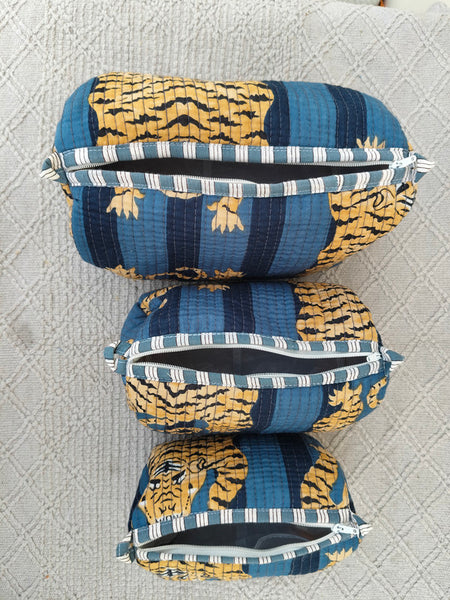 Set of 3 Black Floral Quilted Makeup Bags - Hand Block Printed Toiletry & Travel Pouch Set for Women - 5