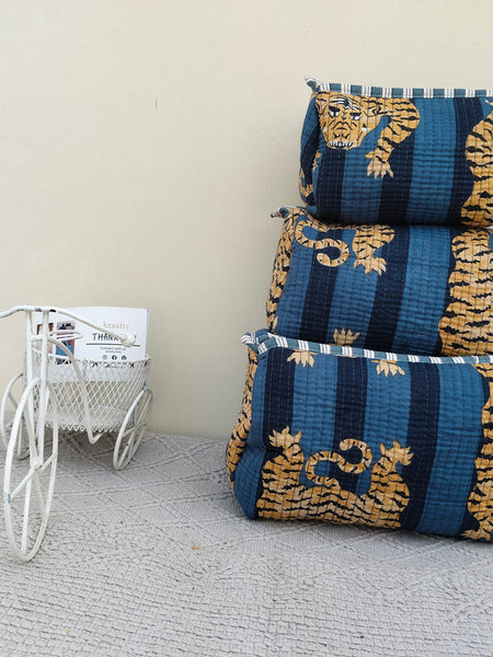 Set of 3 Black Floral Quilted Makeup Bags - Hand Block Printed Toiletry & Travel Pouch Set for Women - 5