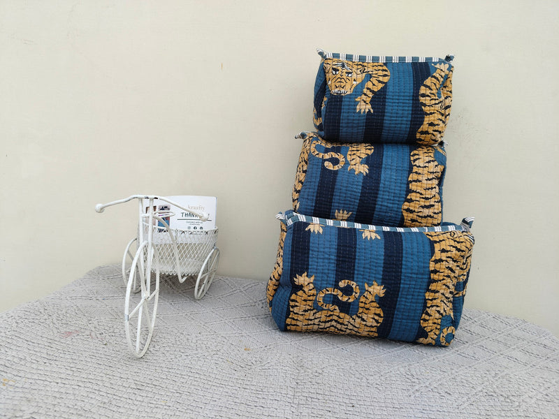 Set of 3 Black Floral Quilted Makeup Bags - Hand Block Printed Toiletry & Travel Pouch Set for Women - 5