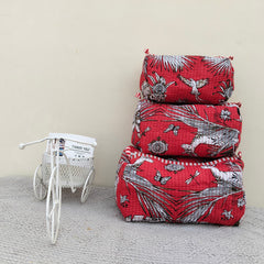 Set of 3 Black Floral Quilted Makeup Bags - Hand Block Printed Toiletry & Travel Pouch Set for Women - 6