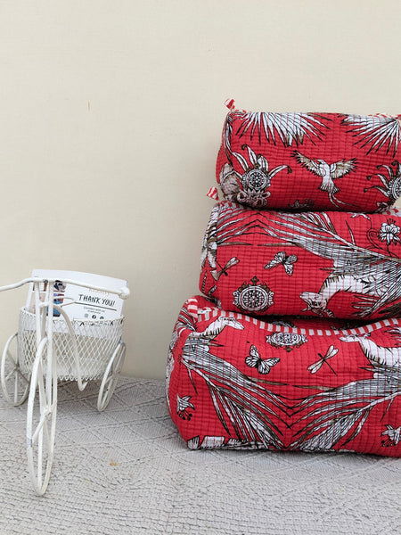 Set of 3 Black Floral Quilted Makeup Bags - Hand Block Printed Toiletry & Travel Pouch Set for Women - 6