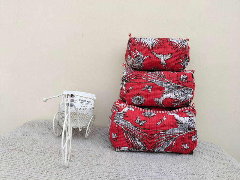 Set of 3 Black Floral Quilted Makeup Bags - Hand Block Printed Toiletry & Travel Pouch Set for Women - 6