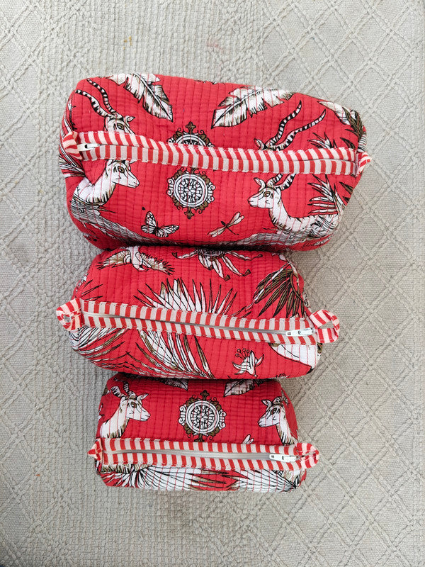 Set of 3 Black Floral Quilted Makeup Bags - Hand Block Printed Toiletry & Travel Pouch Set for Women - 6