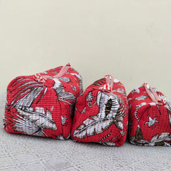 Set of 3 Black Floral Quilted Makeup Bags - Hand Block Printed Toiletry & Travel Pouch Set for Women - 6