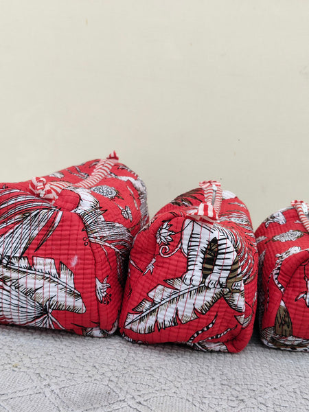 Set of 3 Black Floral Quilted Makeup Bags - Hand Block Printed Toiletry & Travel Pouch Set for Women - 6