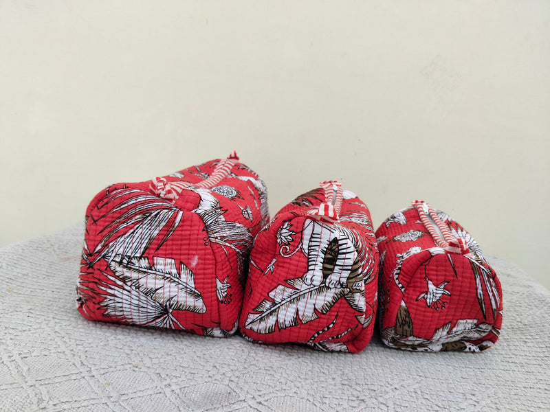 Set of 3 Black Floral Quilted Makeup Bags - Hand Block Printed Toiletry & Travel Pouch Set for Women - 6