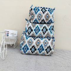 Set of 3 Black Floral Quilted Makeup Bags - Hand Block Printed Toiletry & Travel Pouch Set for Women - 3