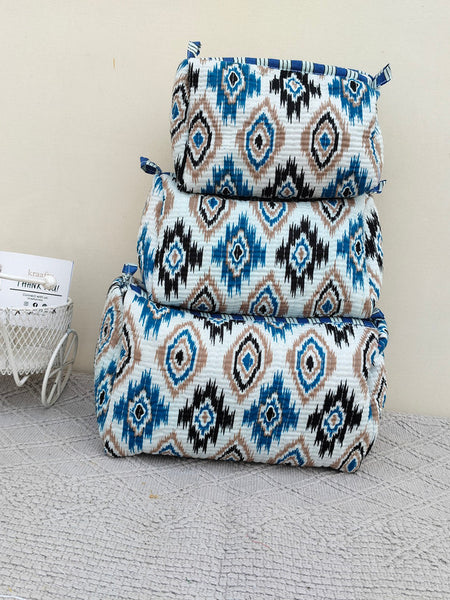 Set of 3 Black Floral Quilted Makeup Bags - Hand Block Printed Toiletry & Travel Pouch Set for Women - 3