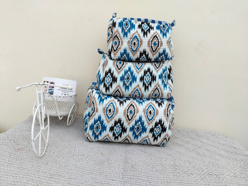 Set of 3 Black Floral Quilted Makeup Bags - Hand Block Printed Toiletry & Travel Pouch Set for Women - 3