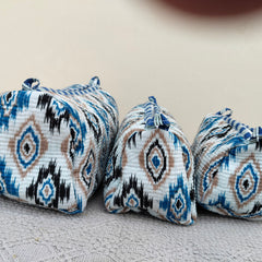 Set of 3 Black Floral Quilted Makeup Bags - Hand Block Printed Toiletry & Travel Pouch Set for Women - 3