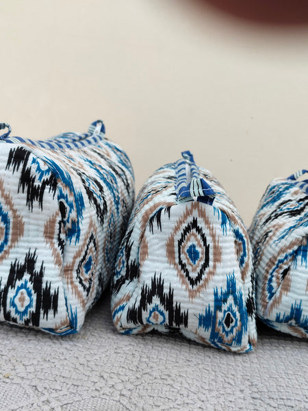 Set of 3 Black Floral Quilted Makeup Bags - Hand Block Printed Toiletry & Travel Pouch Set for Women - 3