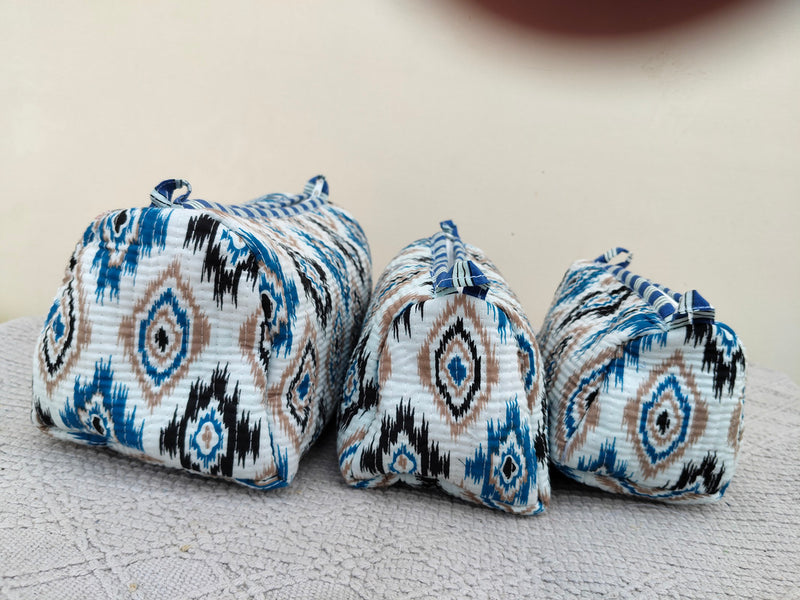 Set of 3 Black Floral Quilted Makeup Bags - Hand Block Printed Toiletry & Travel Pouch Set for Women - 3