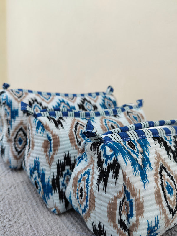 Set of 3 Black Floral Quilted Makeup Bags - Hand Block Printed Toiletry & Travel Pouch Set for Women - 3