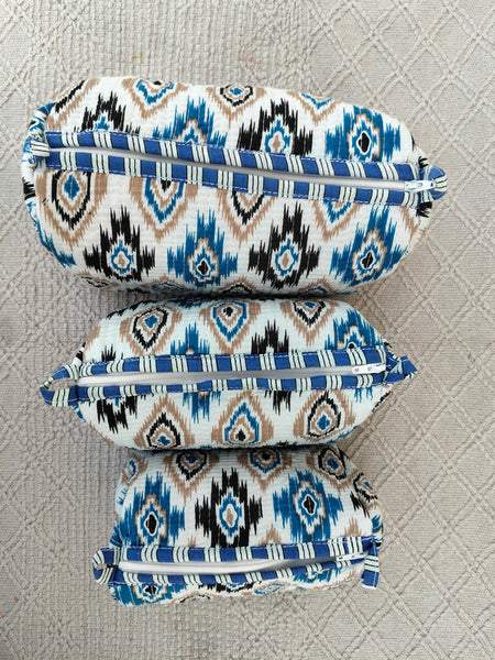 Set of 3 Black Floral Quilted Makeup Bags - Hand Block Printed Toiletry & Travel Pouch Set for Women - 3