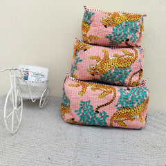 Set of 3 Black Floral Quilted Makeup Bags - Hand Block Printed Toiletry & Travel Pouch Set for Women - 4