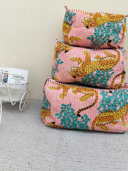 Set of 3 Black Floral Quilted Makeup Bags - Hand Block Printed Toiletry & Travel Pouch Set for Women - 4