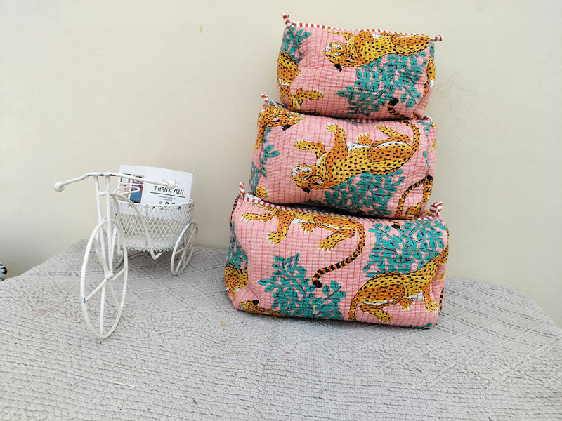 Set of 3 Black Floral Quilted Makeup Bags - Hand Block Printed Toiletry & Travel Pouch Set for Women - 4