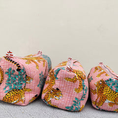 Set of 3 Black Floral Quilted Makeup Bags - Hand Block Printed Toiletry & Travel Pouch Set for Women - 4