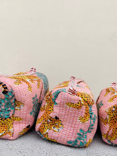 Set of 3 Black Floral Quilted Makeup Bags - Hand Block Printed Toiletry & Travel Pouch Set for Women - 4