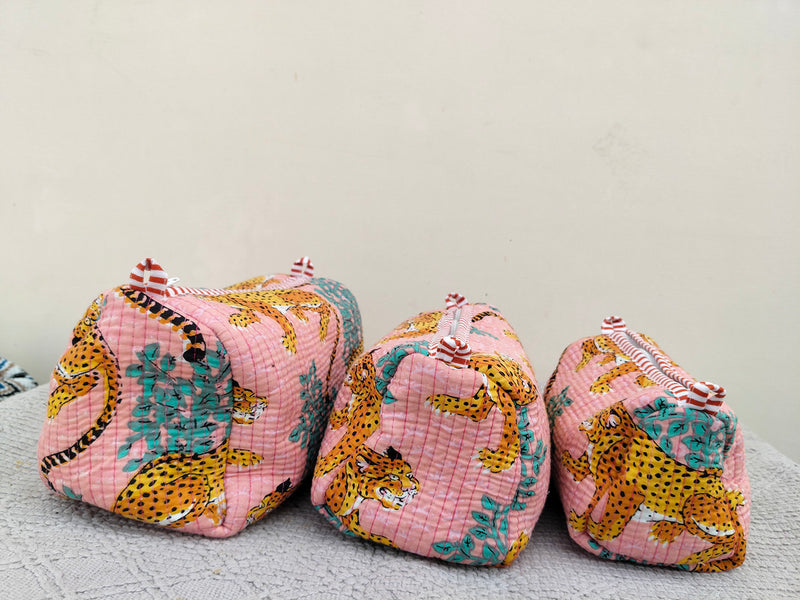 Set of 3 Black Floral Quilted Makeup Bags - Hand Block Printed Toiletry & Travel Pouch Set for Women - 4