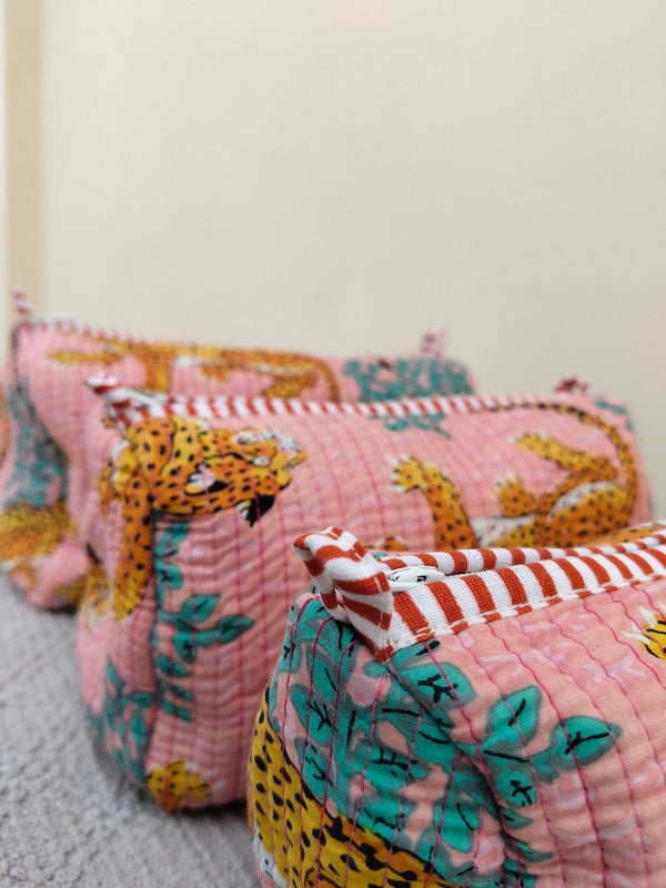 Set of 3 Black Floral Quilted Makeup Bags - Hand Block Printed Toiletry & Travel Pouch Set for Women - 4