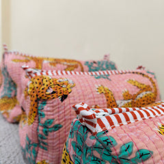 Set of 3 Black Floral Quilted Makeup Bags - Hand Block Printed Toiletry & Travel Pouch Set for Women - 4