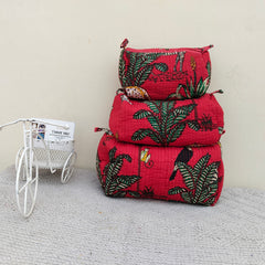 Set of 3 Black Floral Quilted Makeup Bags - Hand Block Printed Toiletry & Travel Pouch Set for Women - 2