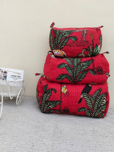 Set of 3 Black Floral Quilted Makeup Bags - Hand Block Printed Toiletry & Travel Pouch Set for Women - 2