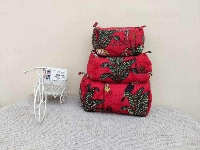 Set of 3 Black Floral Quilted Makeup Bags - Hand Block Printed Toiletry & Travel Pouch Set for Women - 2