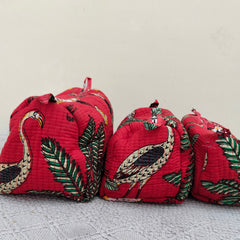 Set of 3 Black Floral Quilted Makeup Bags - Hand Block Printed Toiletry & Travel Pouch Set for Women - 2