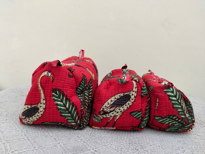 Set of 3 Black Floral Quilted Makeup Bags - Hand Block Printed Toiletry & Travel Pouch Set for Women - 2