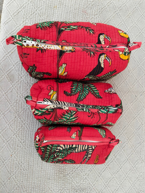 Set of 3 Black Floral Quilted Makeup Bags - Hand Block Printed Toiletry & Travel Pouch Set for Women - 2