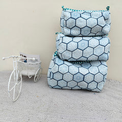 Set of 3 Black Floral Quilted Makeup Bags - Hand Block Printed Toiletry & Travel Pouch Set for Women - 1