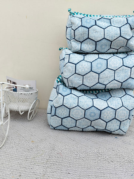 Set of 3 Black Floral Quilted Makeup Bags - Hand Block Printed Toiletry & Travel Pouch Set for Women - 1