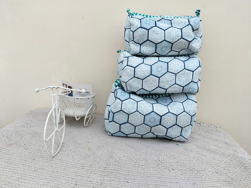 Set of 3 Black Floral Quilted Makeup Bags - Hand Block Printed Toiletry & Travel Pouch Set for Women - 1