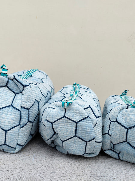 Set of 3 Black Floral Quilted Makeup Bags - Hand Block Printed Toiletry & Travel Pouch Set for Women - 1