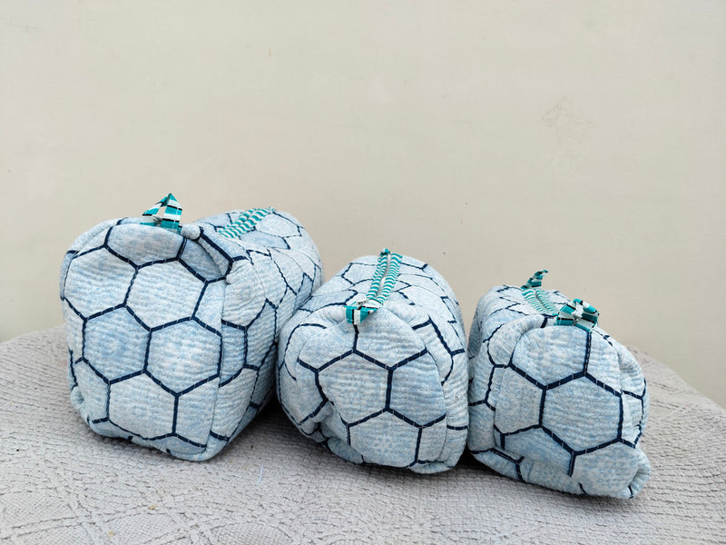 Set of 3 Black Floral Quilted Makeup Bags - Hand Block Printed Toiletry & Travel Pouch Set for Women - 1