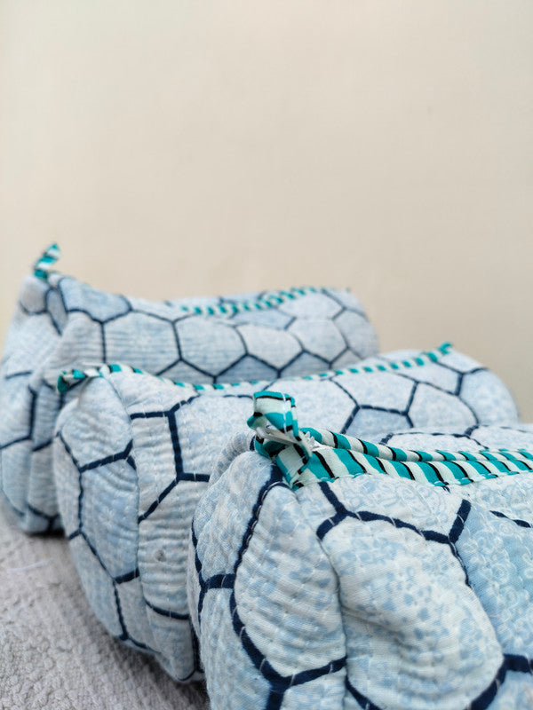 Set of 3 Black Floral Quilted Makeup Bags - Hand Block Printed Toiletry & Travel Pouch Set for Women - 1